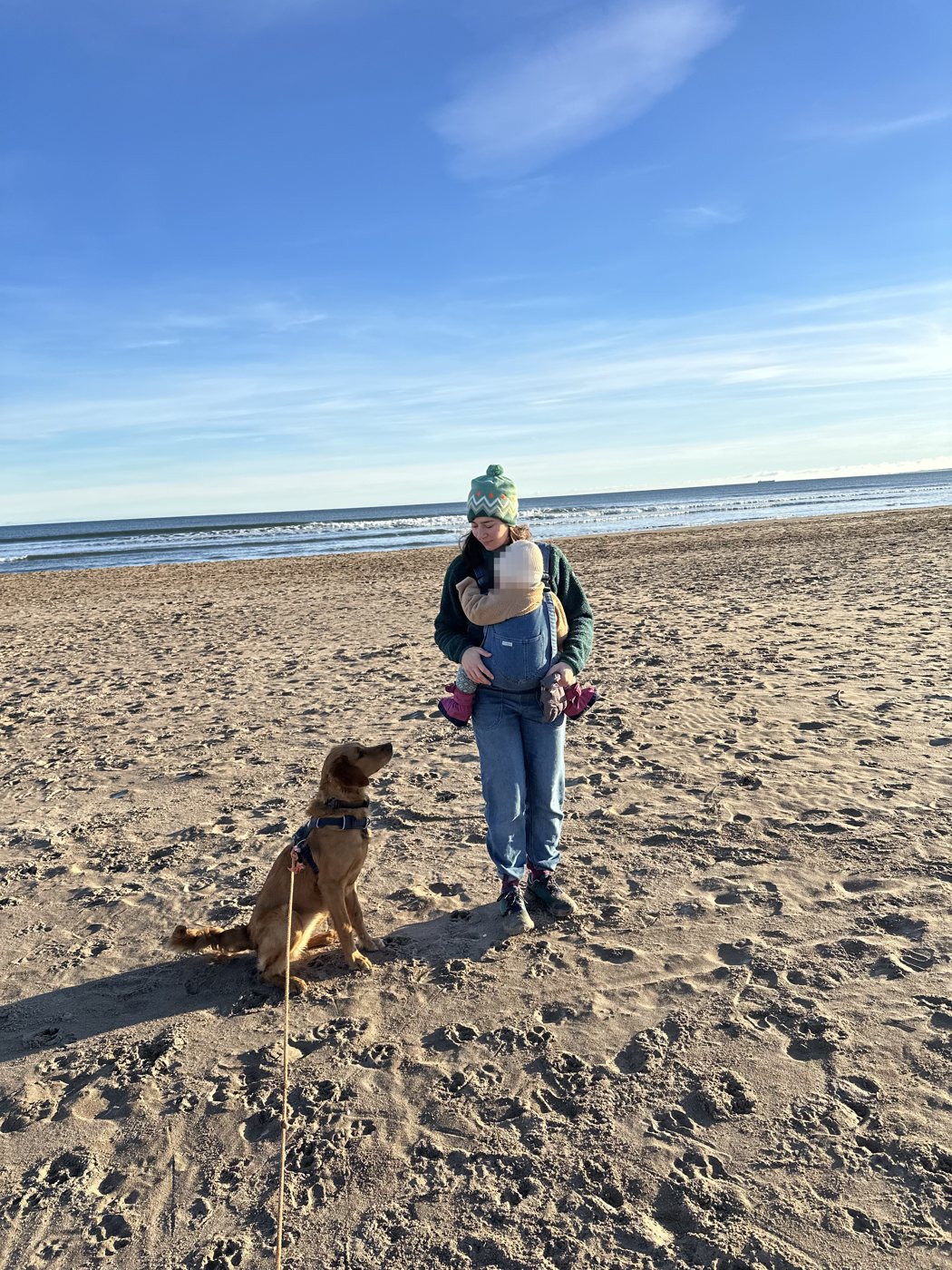 Scarlet and her baby on the beach with the dog